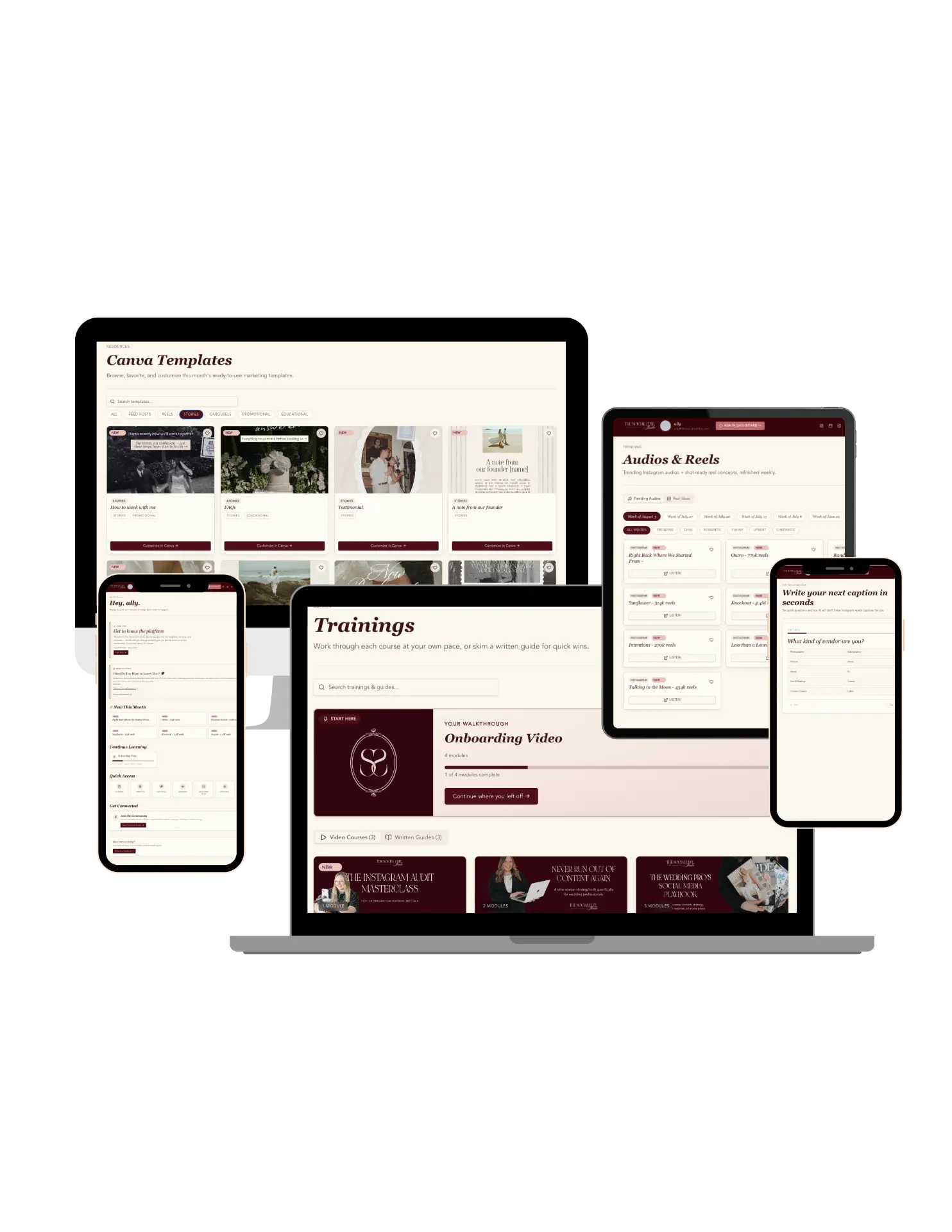 The Social Edit Studio member portal shown on laptop, tablet and phone